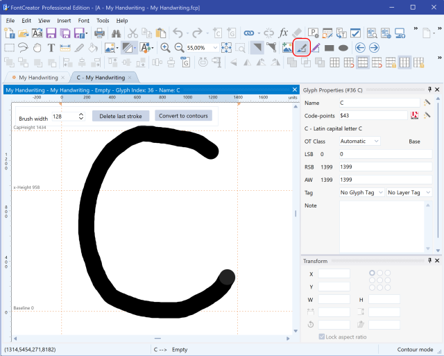 The FontCreator glyph editor with a freehand sketch of the letter C ready to convert to contours.