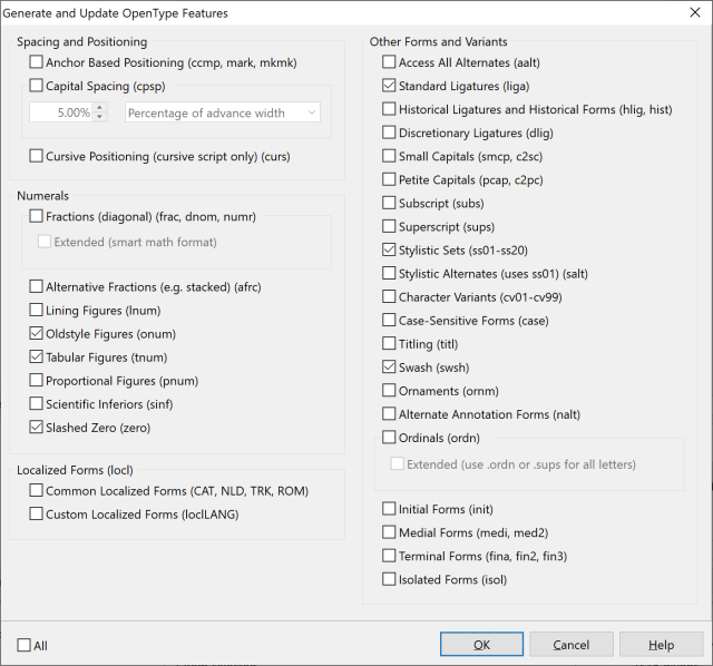 FontCreator OpenType Designer feature-generation dialog listing OpenType layout features to generate or update.