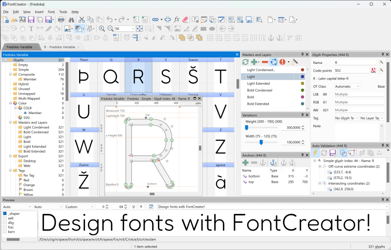 FontCreator interface overview – professional font-editor showing glyph panels, preview window and TrueType/OpenType tools
